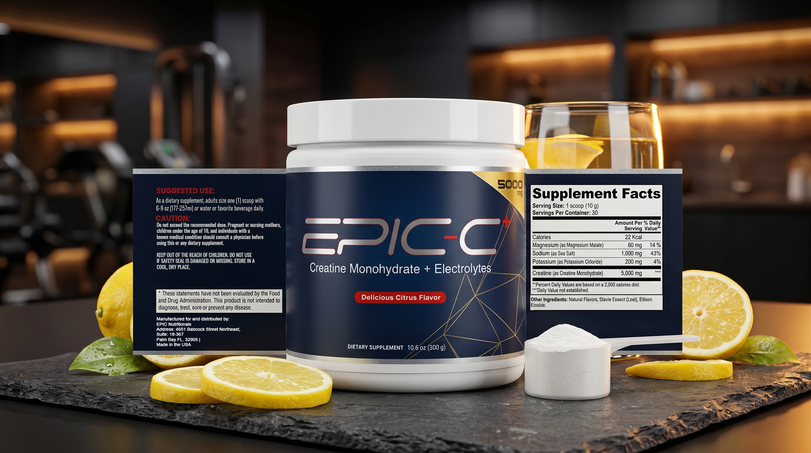 EPIC-C+ Creatine Monohydrate + Electrolytes container with supplement facts panel, scoop, and lemon slices