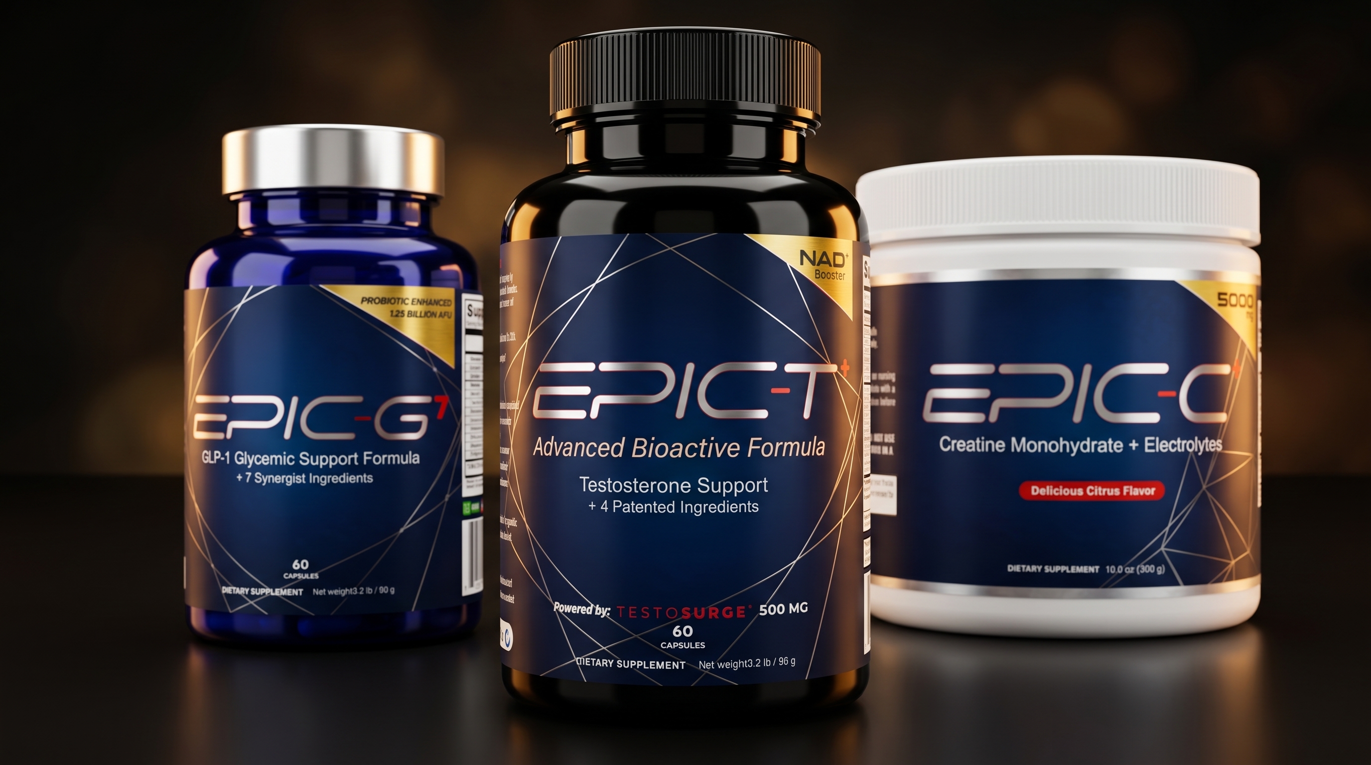 EPIC formula family — EPIC-G7, EPIC-T+, and EPIC-C+ supplement bottles on dark background
